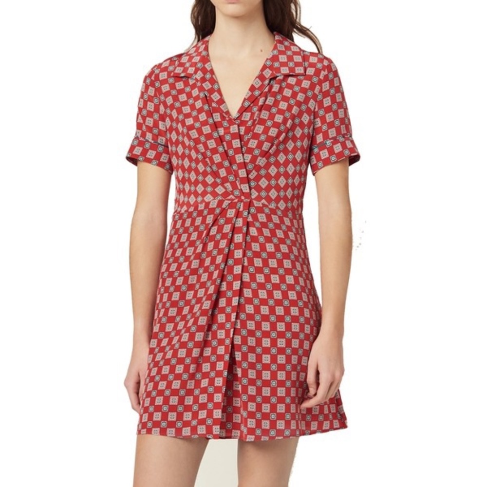 Sandro Violet Wrap Effect dress in Red Geometric Print Crepe De Chine Silk